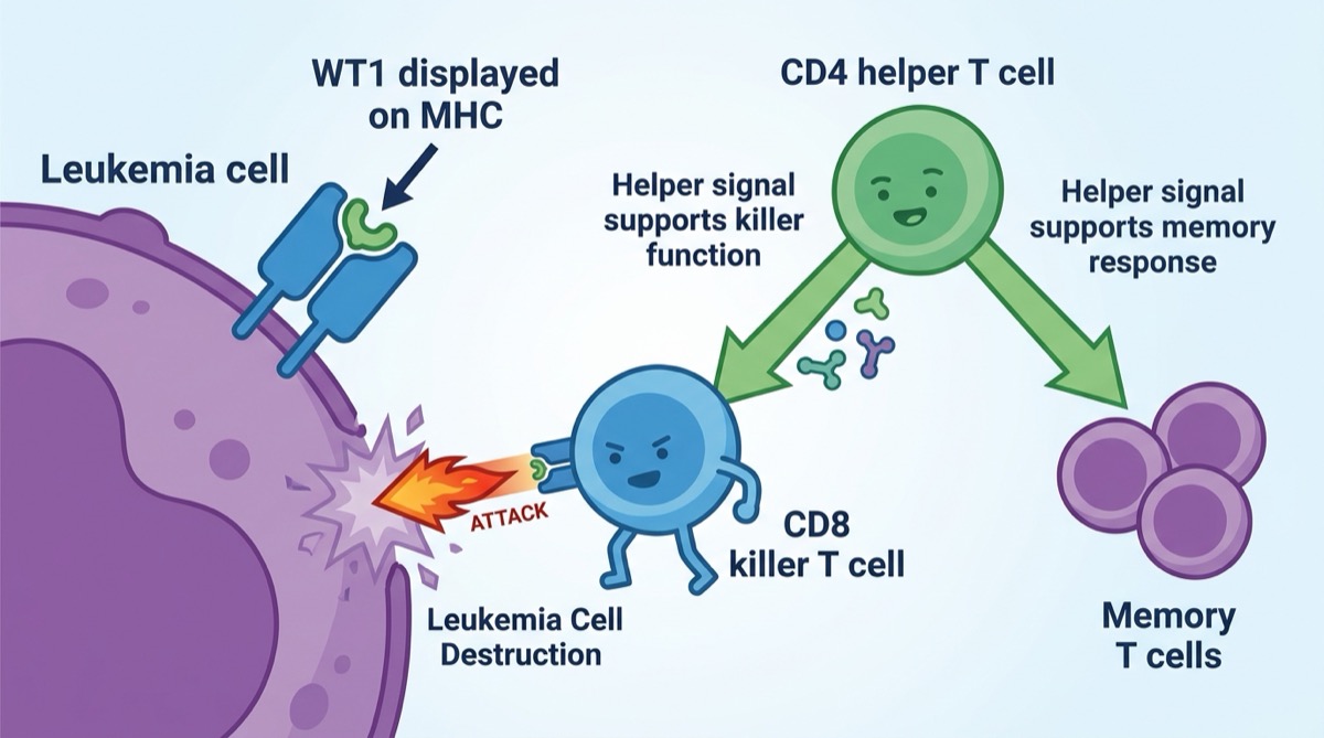 Conceptual diagram of CD8 killer T cell attacking a WT1 displaying leukemia cell while CD4 helper T cell supports killer and memory responses