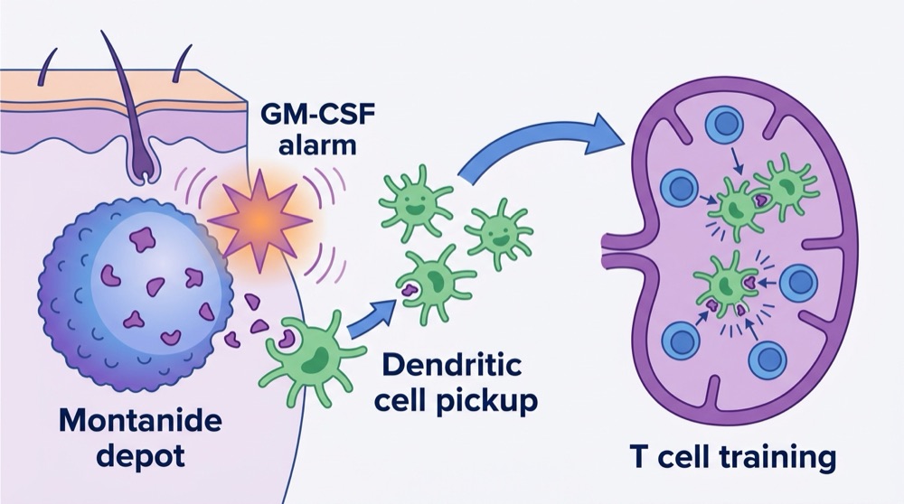 Conceptual diagram showing Montanide depot, GM-CSF alarm, dendritic cell pickup, and T cell training