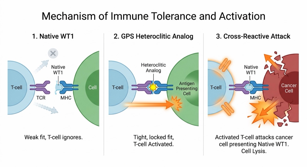 Three-panel diagram showing native WT1 tolerance, GPS heteroclitic analog activation, and cross-reactive T-cell attack