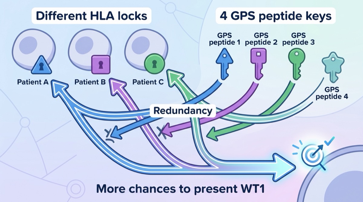 Conceptual diagram of different HLA locks across patients and four GPS peptide keys creating redundant chances to present WT1