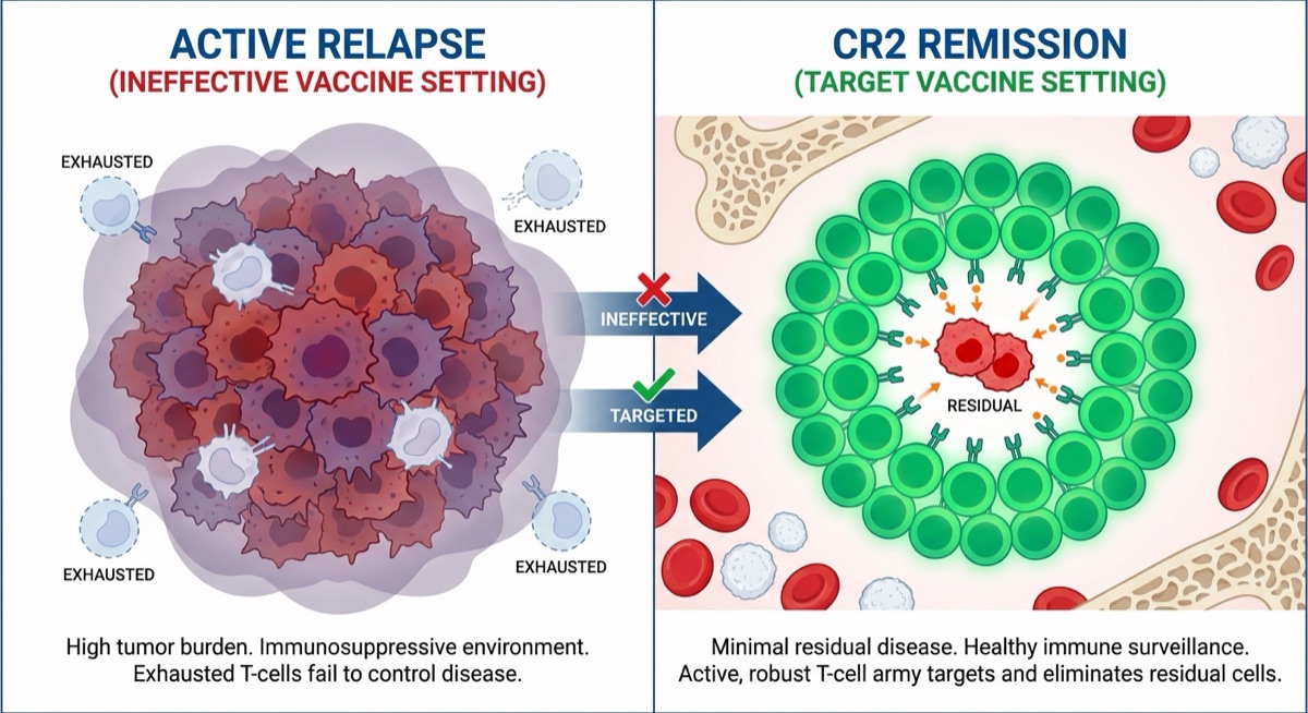 Diagram contrasting active relapse with high tumor burden against CR2 remission with residual disease surrounded by T cells