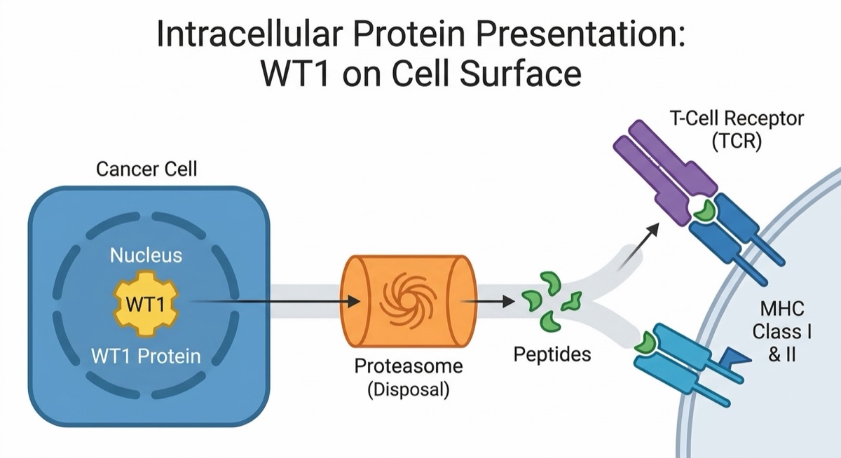 Diagram of WT1 protein processed into peptides and displayed on MHC class I and II for T-cell receptor recognition