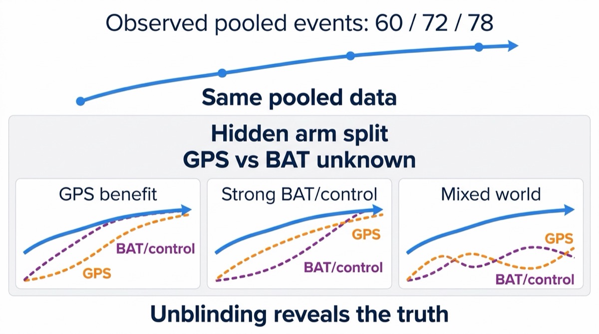 Observed pooled REGAL events 60 72 78 with hidden GPS versus BAT arm split and multiple compatible worlds