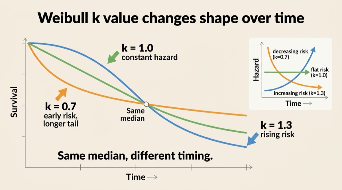 Weibull k comparison showing the same median with k 0.7 early risk and longer tail, k 1 constant hazard, and k 1.3 rising risk